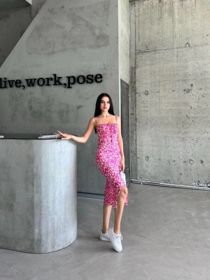 Kaşkorse Desenli Askılı Elbise Pembe (Beden: M)