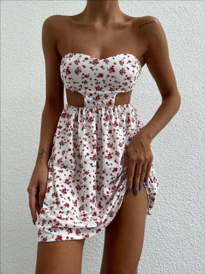 Straplez Elbise Baskılı Beyaz (Beden: M)