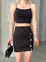 Likralı Gabardin Dört Düğmeli Etek Siyah (Beden: M)