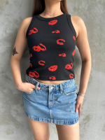 Öpücük Baskılı Bluz Siyah (Beden: Standart)