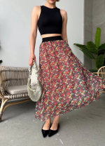 Baskılı Astarlı Uzun Etek Kırmızı (Beden: M) - Görsel 4