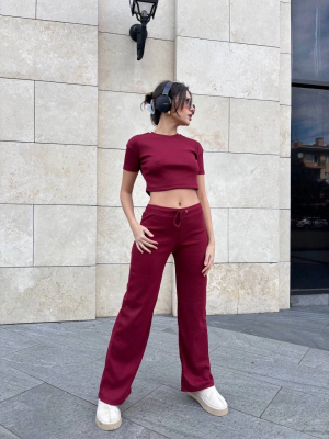 Bol Paça Pantolonlu Alt Üst Takım Bordo (Beden: L)