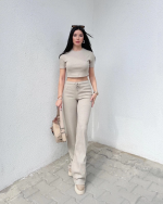 Bol Paça Pantolonlu Alt Üst Takım Bej (Beden: L) - Görsel 3