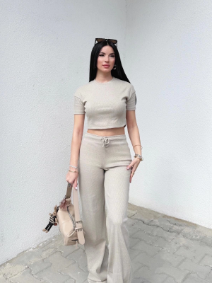 Bol Paça Pantolonlu Alt Üst Takım Bej (Beden: L)