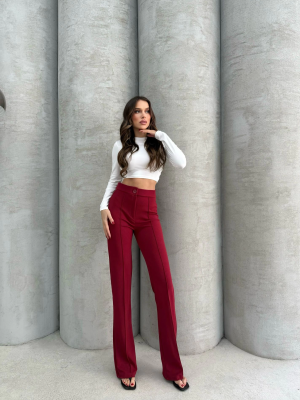 Önü Cumalı İthal Krep Pantolon Bordo (Beden: M)
