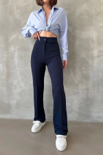 Önü Cumalı İthal Krep Pantolon Lacivert (Beden: M)