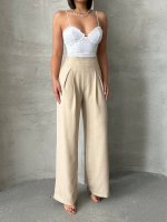 Pileli Keten Pantolon S255046 Bej (Beden: M)