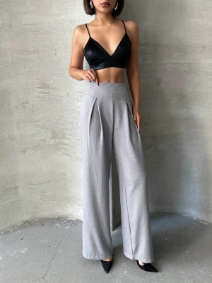 Pileli Keten Pantolon S255046 Gri (Beden: M)