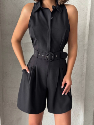 Yakalı Şort Tulum Siyah (Beden: S)