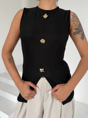 Kadın Siyah Bisiklet Yaka Gold Düğmeli Ottoman Bluz S2310 (Beden: M)