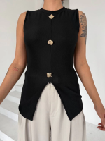 Kadın Siyah Bisiklet Yaka Gold Düğmeli Ottoman Bluz S2310 (Beden: M) - Görsel 5