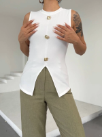 Kadın Beyaz Bisiklet Yaka Gold Düğmeli Ottoman Bluz S2310 (Beden: L)