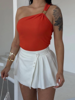 Tek Omuzlu Otoman Kumaş Gold Metal Detaylı Bluz S2311 Turuncu (Beden: S)