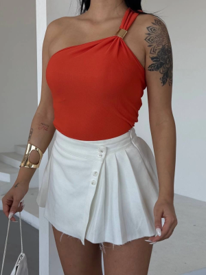 Tek Omuzlu Otoman Kumaş Gold Metal Detaylı Bluz S2311 Turuncu (Beden: S)