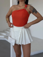 Tek Omuzlu Otoman Kumaş Gold Metal Detaylı Bluz S2311 Turuncu (Beden: S) - Görsel 3