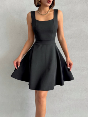 Kadın Kare Yaka Kısa Elbise S251188 Siyah (Beden: M)