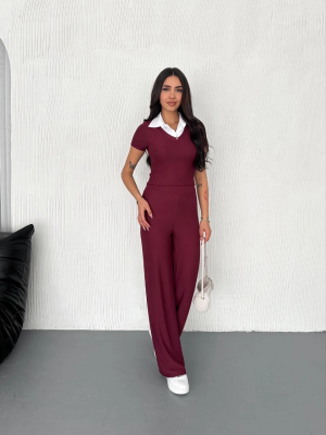 Ottoman Kumaş Beyaz Gömlek Yaka Takım S4142 Bordo (Beden: L)