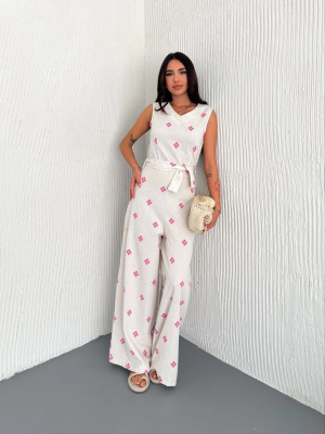 Sırt Dekolteli Keten Beyaz Tulum S1036 (Beden: Xl)