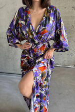 Dokuma Baskılı Yarasa Kol Elbise S8124 Mor (Beden: S) - Görsel 3