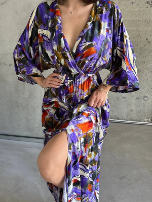 Dokuma Baskılı Yarasa Kol Elbise S8124 Mor (Beden: S)