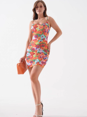 Kadın İnce Askılı Desenli Elbise S8105 Turuncu (Beden: S)