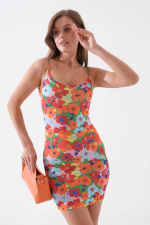 Kadın İnce Askılı Desenli Elbise S8105 Turuncu (Beden: M) - Görsel 6