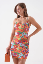 Kadın İnce Askılı Desenli Elbise S8105 Turuncu (Beden: M) - Görsel 5