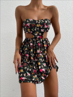 Straplez Elbise Baskılı Siyah (Beden: L)