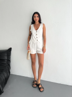 Kadın Keten Şort Yelek Takım S3461 Krem (Beden: L) - Görsel 2