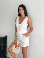 Kadın Keten Şort Yelek Takım S3461 Krem (Beden: L) - Görsel 3