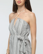 Kuşaklı Çizgili Mini Keten Elbise Gri (Beden: M) - Görsel 7