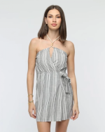 Kuşaklı Çizgili Mini Keten Elbise Gri (Beden: L)