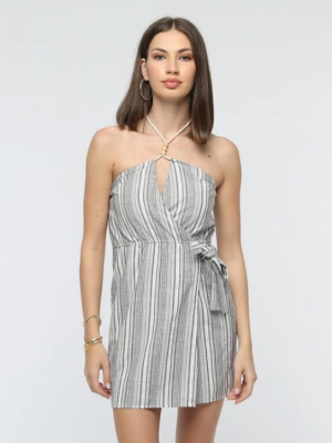 Kuşaklı Çizgili Mini Keten Elbise Gri (Beden: L)