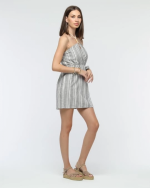 Kuşaklı Çizgili Mini Keten Elbise Gri (Beden: L) - Görsel 5