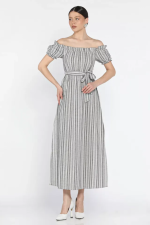 Madonna Yaka Midi Yırtmaçlı Kuşaklı Keten Elbise Gri (Beden: S) - Görsel 5