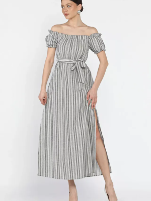 Madonna Yaka Midi Yırtmaçlı Kuşaklı Keten Elbise Gri (Beden: S)