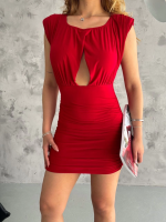 Pencereli Mini Mikro Elbise S3843 Kırmızı (Beden: L)