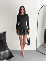 Eteği Kloş Crep Mini Elbise S1267 Siyah (Beden: L) - Görsel 3