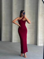 Krinkıl Tek Omuz Uzun Elbise Bordo S25455 (Beden: L) - Görsel 2