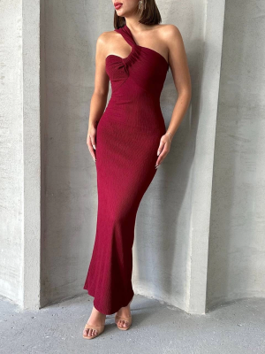 Krinkıl Tek Omuz Uzun Elbise Bordo S25455 (Beden: L)