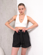 Kuşaklı Keten Şort Siyah S255265 (Beden: M) - Görsel 3