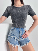 Kalp Nakışlı Asit Yıkamalı Bluz S3479 Antrasit (Beden: Standart) - Görsel 2