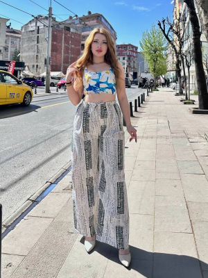 Baskılı Bağcıklı Keten Pantolon Krem (Beden: Standart)