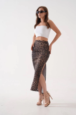 Uzun Yırtmaçlı İnce Kumaş Etek Leopar Siyah (Beden: S) - Görsel 4