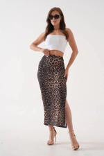 Uzun Yırtmaçlı İnce Kumaş Etek Leopar Siyah (Beden: S) - Görsel 7