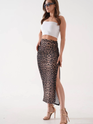 Uzun Yırtmaçlı İnce Kumaş Etek Leopar Siyah (Beden: S)