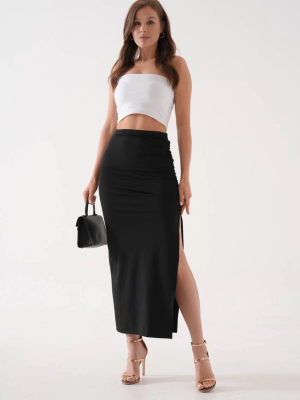 Uzun Yırtmaçlı İnce Kumaş Etek Siyah (Beden: S)