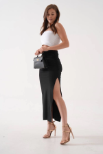 Uzun Yırtmaçlı İnce Kumaş Etek Siyah (Beden: S) - Görsel 7