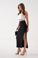 Uzun Yırtmaçlı İnce Kumaş Etek Siyah (Beden: M) - Görsel 6
