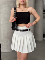 Kemerli Piliseli Şort Etek Beyaz S25305 (Beden: L)